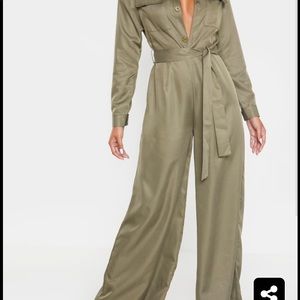 PrettyLittleThing Khaki Belt Wide Leg Jumpsuit